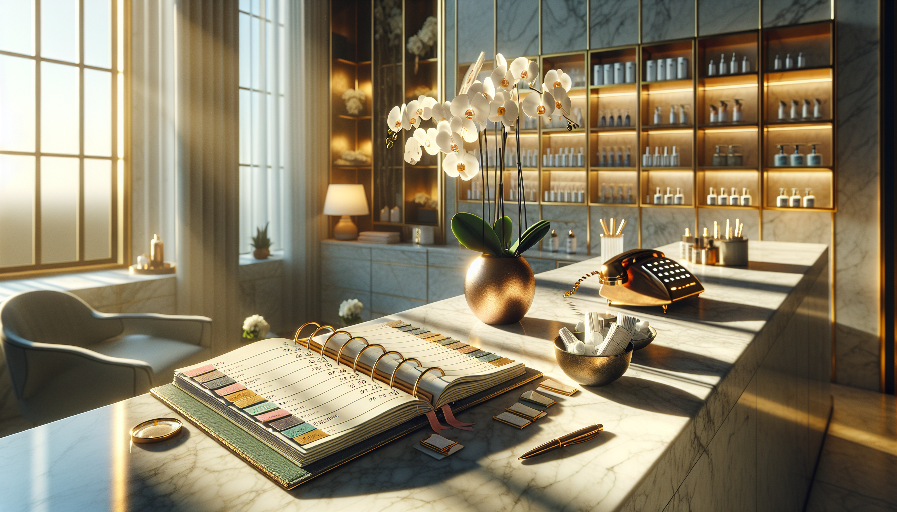 ai-receptionist-for-med-spas - med spa reception counter with fully booked appointment book orchids and skincare products in golden hour light