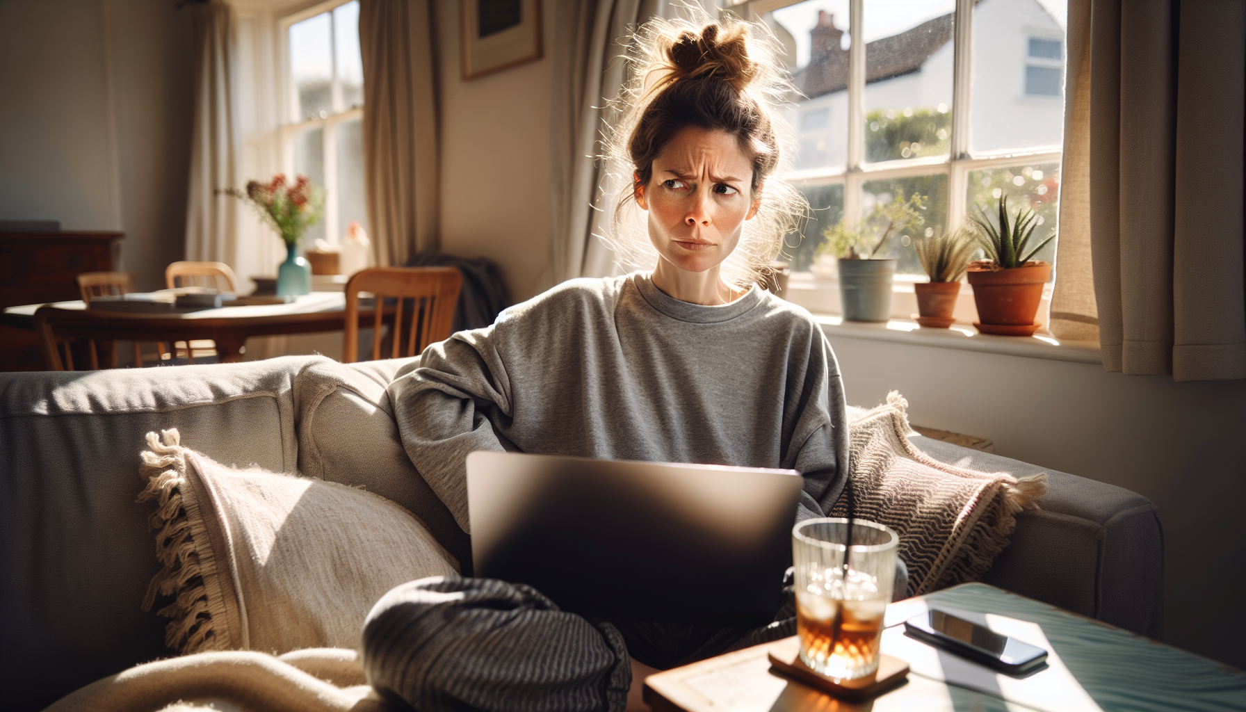 contractor-website-not-converting - frustrated woman on couch browsing boring contractor website on laptop with phone ignored beside her