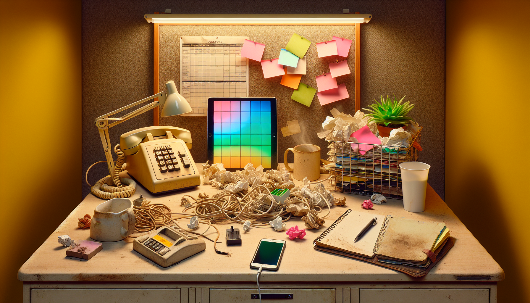 ai-receptionist-vs-virtual-receptionist - reception desk split between old phone with message slips vs modern tablet with booked calendar