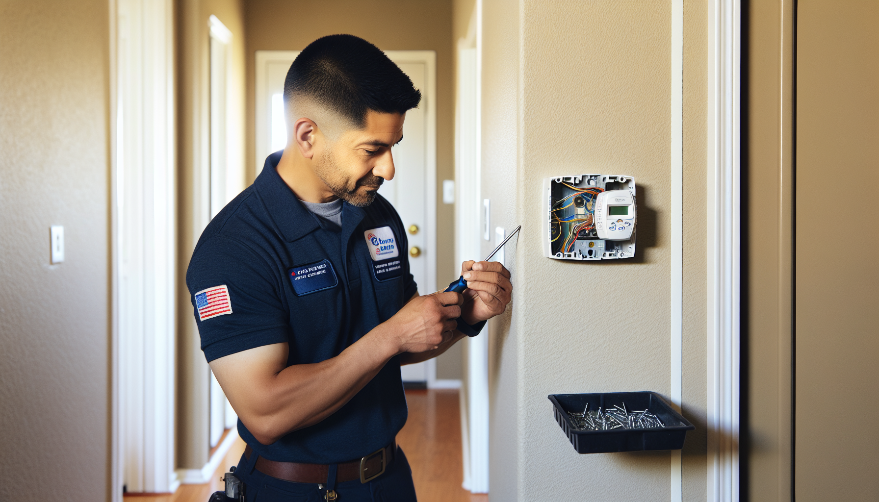 Thousand Oaks HVAC SMS follow-up - HVAC technician examining thermostat wiring in suburban home hallway