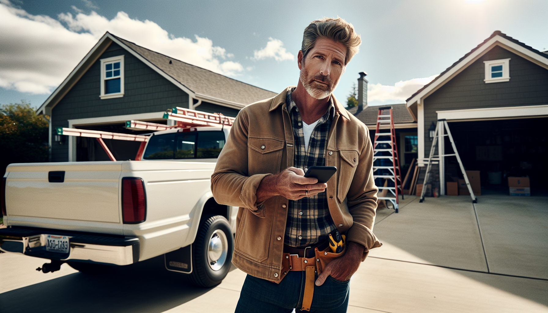 AI voice agent for contractors - contractor standing at job site looking at phone with new booked appointment notification