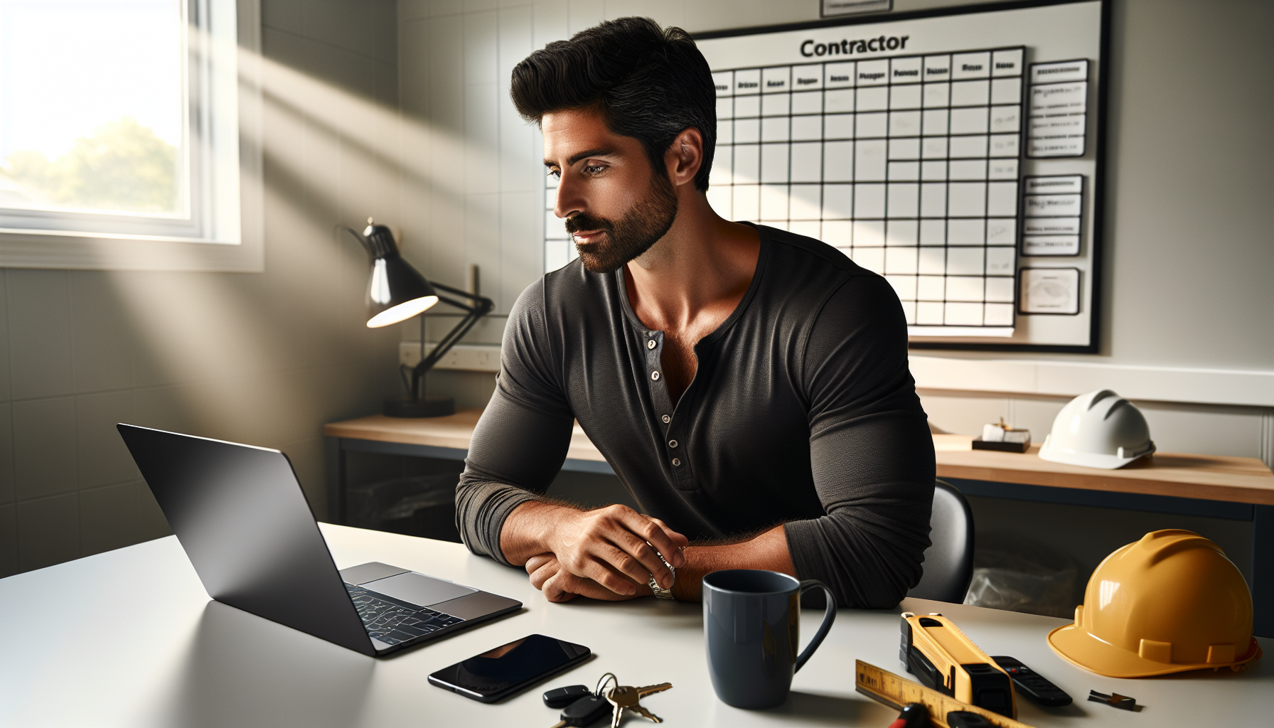 AI chatbot contractor website - contractor at office desk viewing laptop with website analytics and new lead notifications on screen