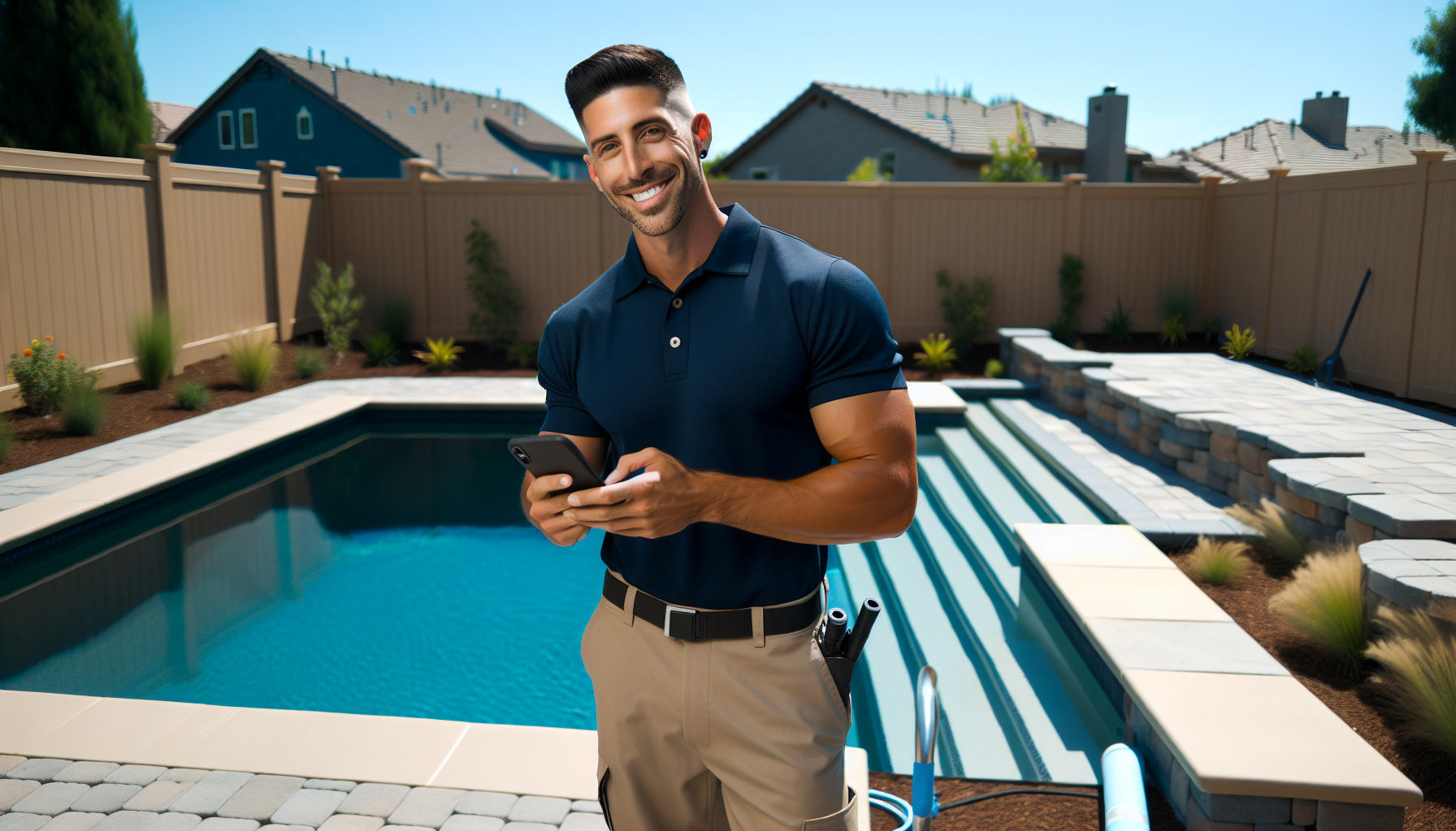 contractors Instagram Facebook DMs - pool builder contractor at completed job site checking phone with new DM notifications