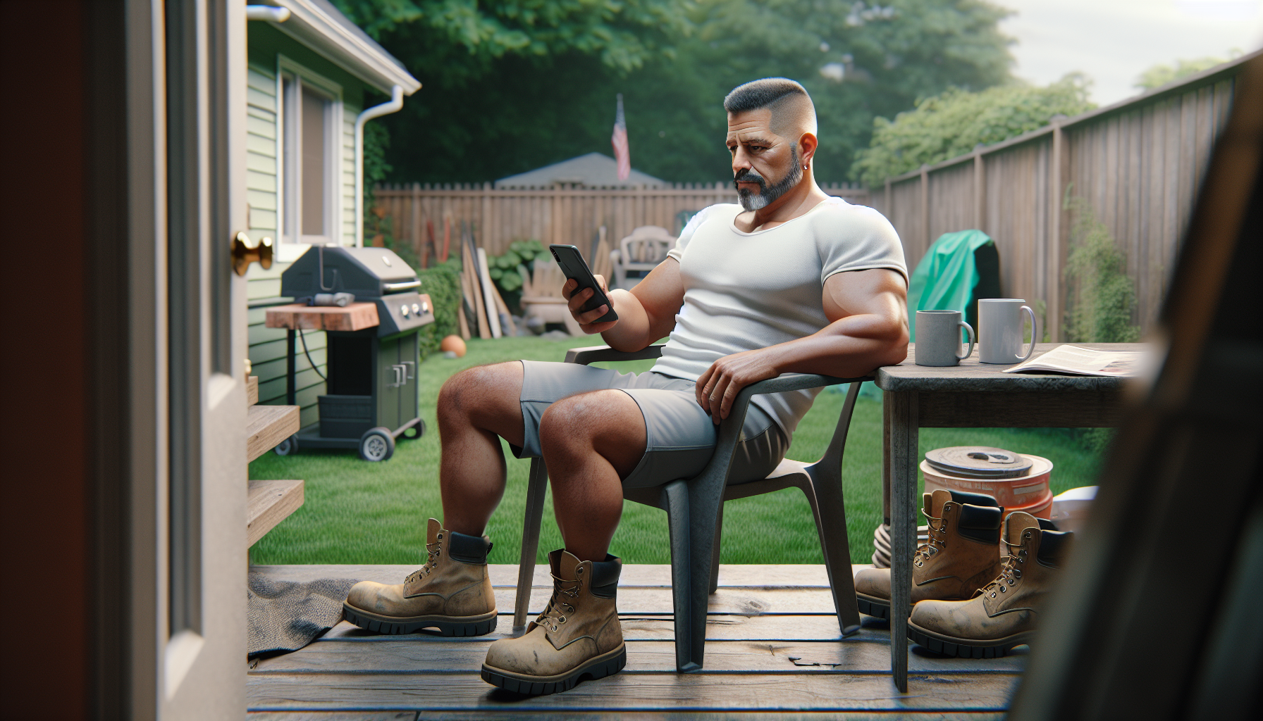 contractor weekend leads - contractor on backyard patio Saturday morning with phone showing missed lead notifications