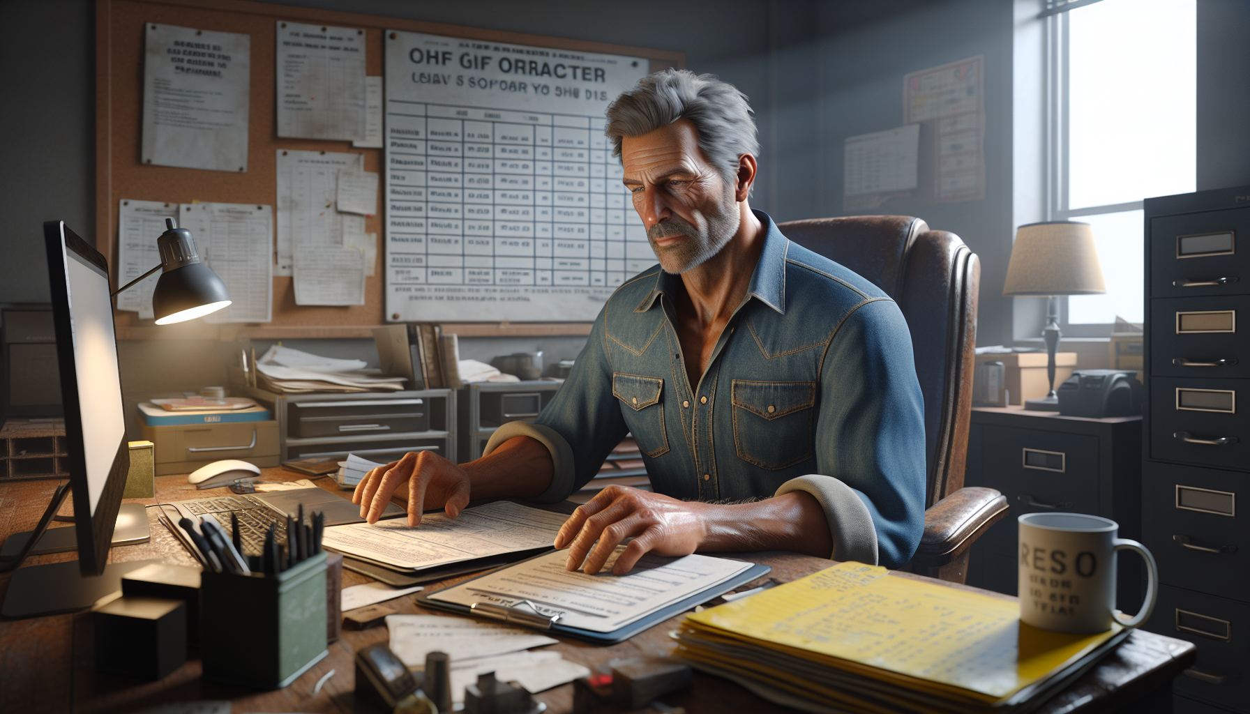 GoHighLevel for contractors - experienced contractor evaluating CRM dashboard on laptop at office desk