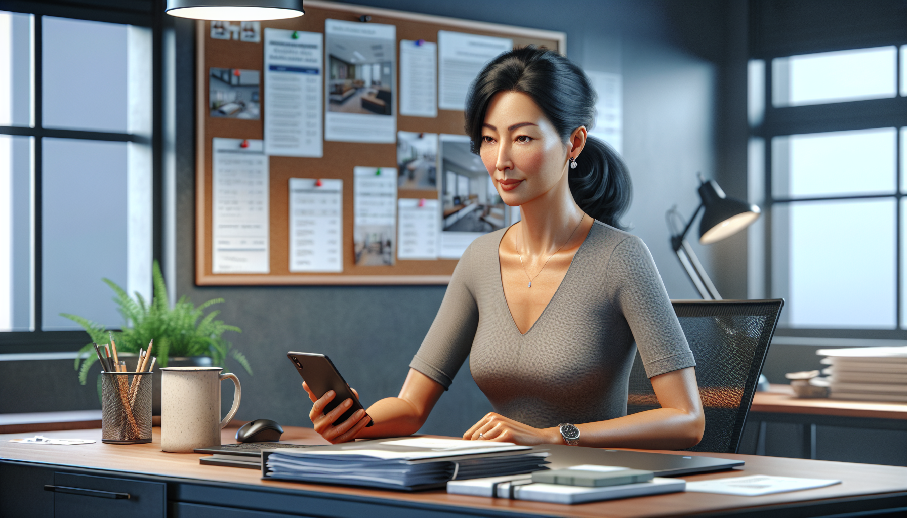 contractor repeat business - contractor checking phone notification from past customer in project office