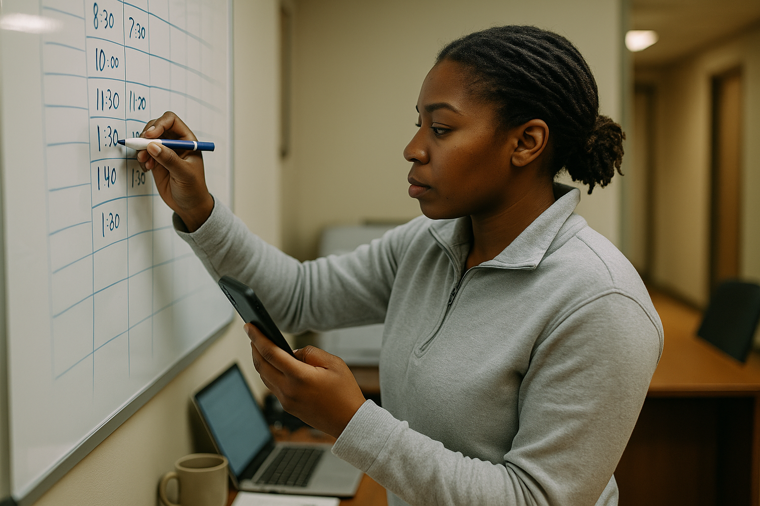 gohighlevel appointment booking contractors - office coordinator writing appointments on whiteboard while referencing phone in contractor office