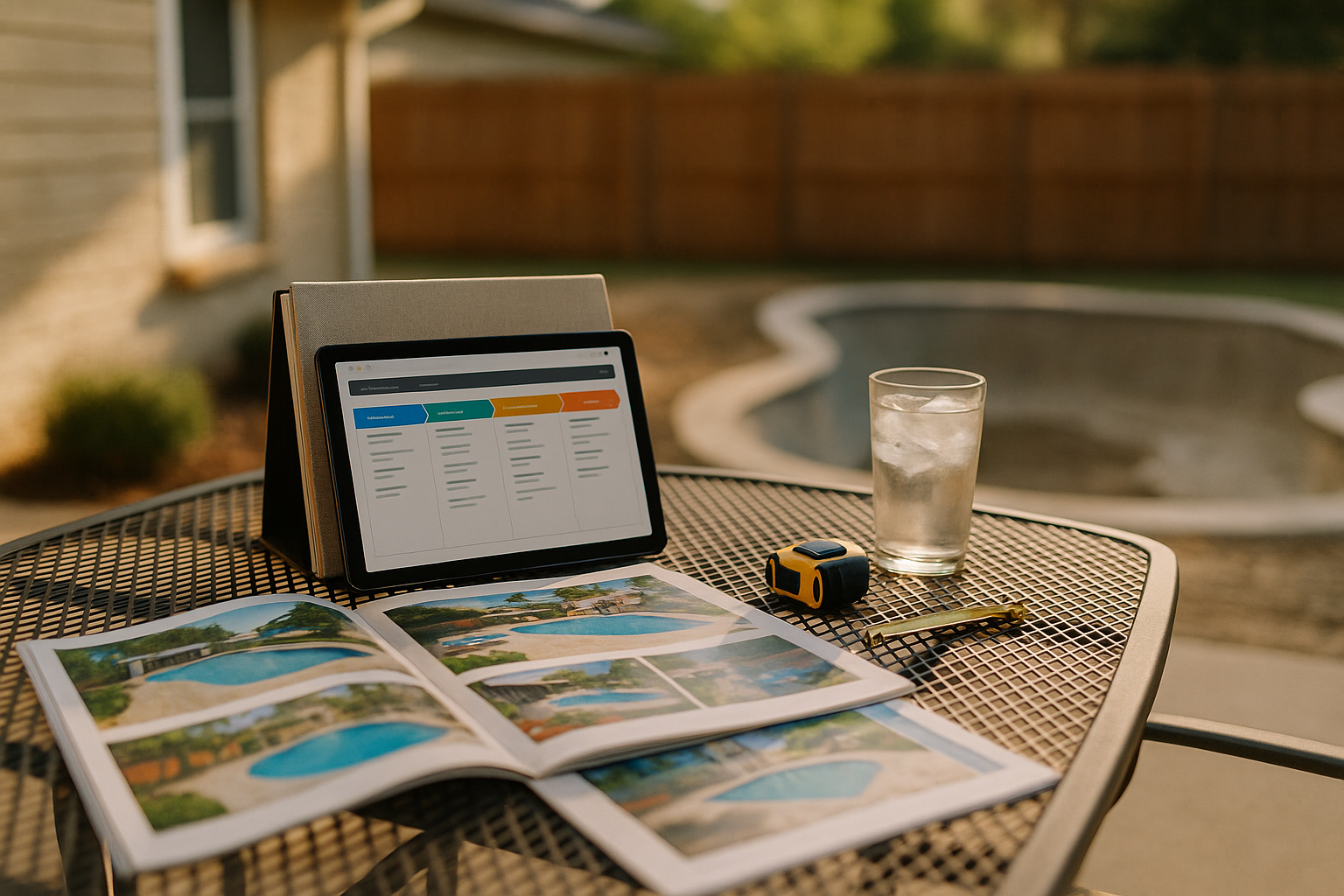 GoHighLevel pool builders - pool design consultation materials on outdoor table with tablet showing CRM pipeline