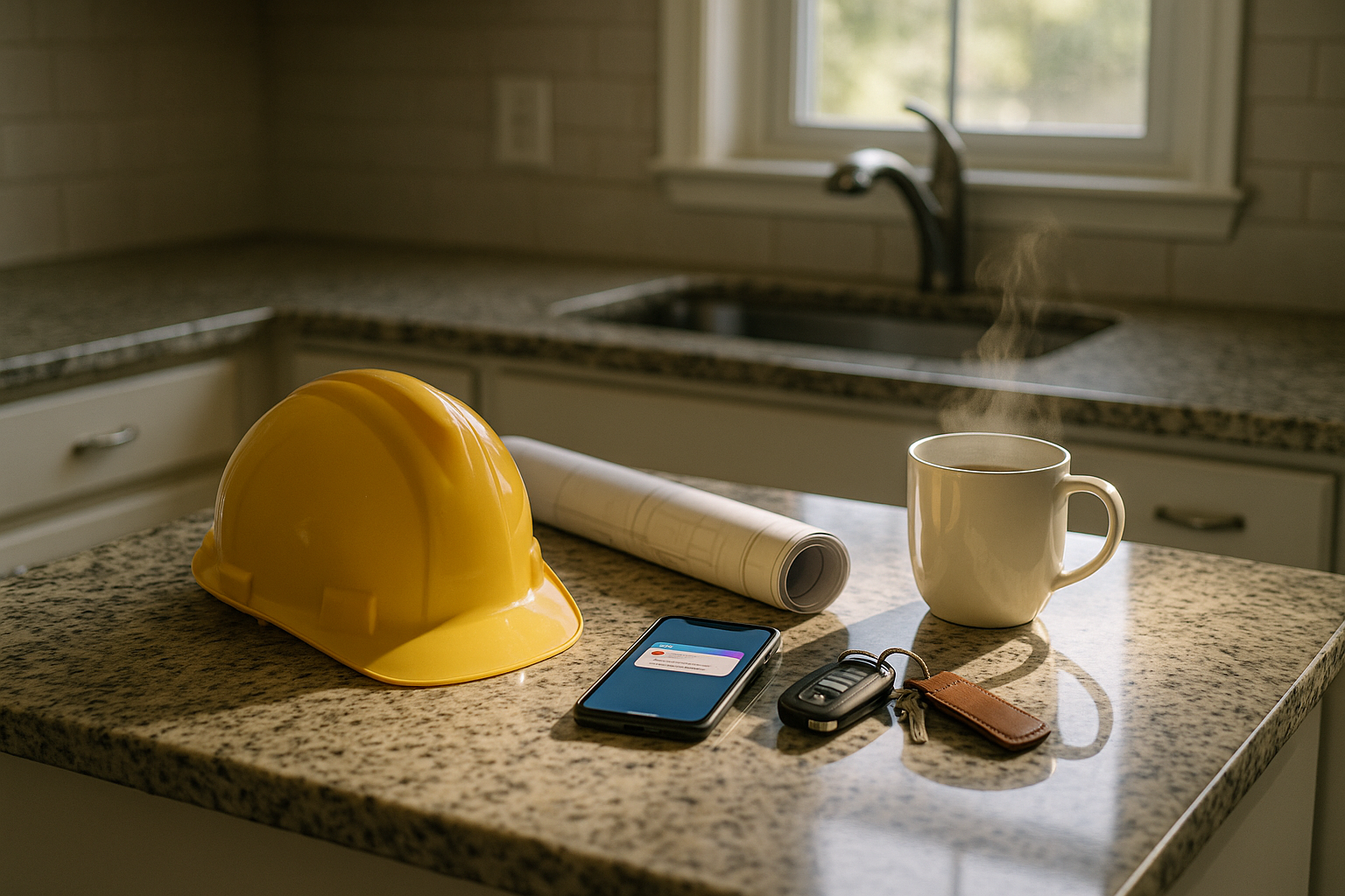 GoHighLevel home builders - morning kitchen counter with hard hat phone showing CRM notification and house blueprints