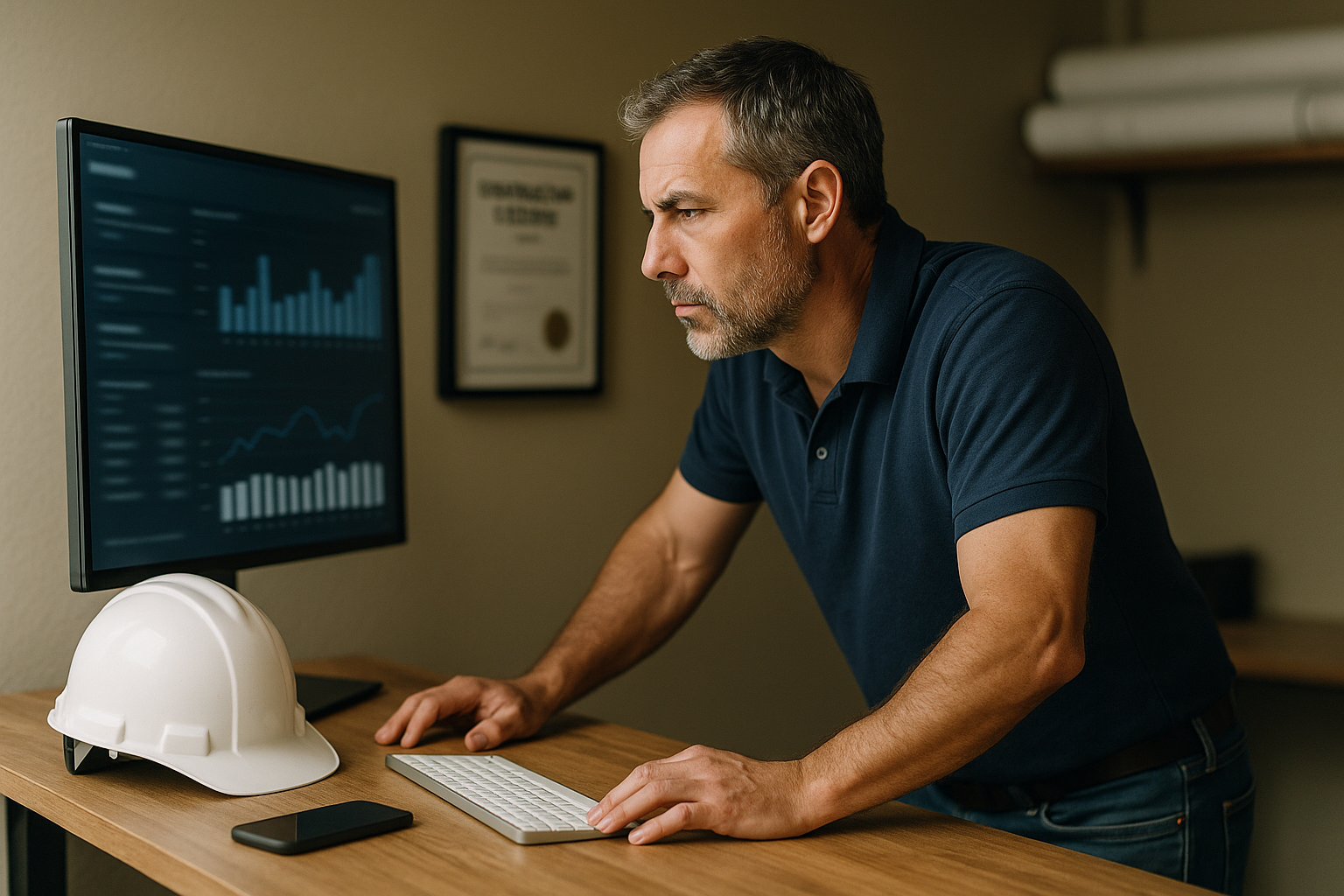 ROI AI automation contractors - contractor at standing desk leaning into screen reviewing financial dashboard with charts and revenue data