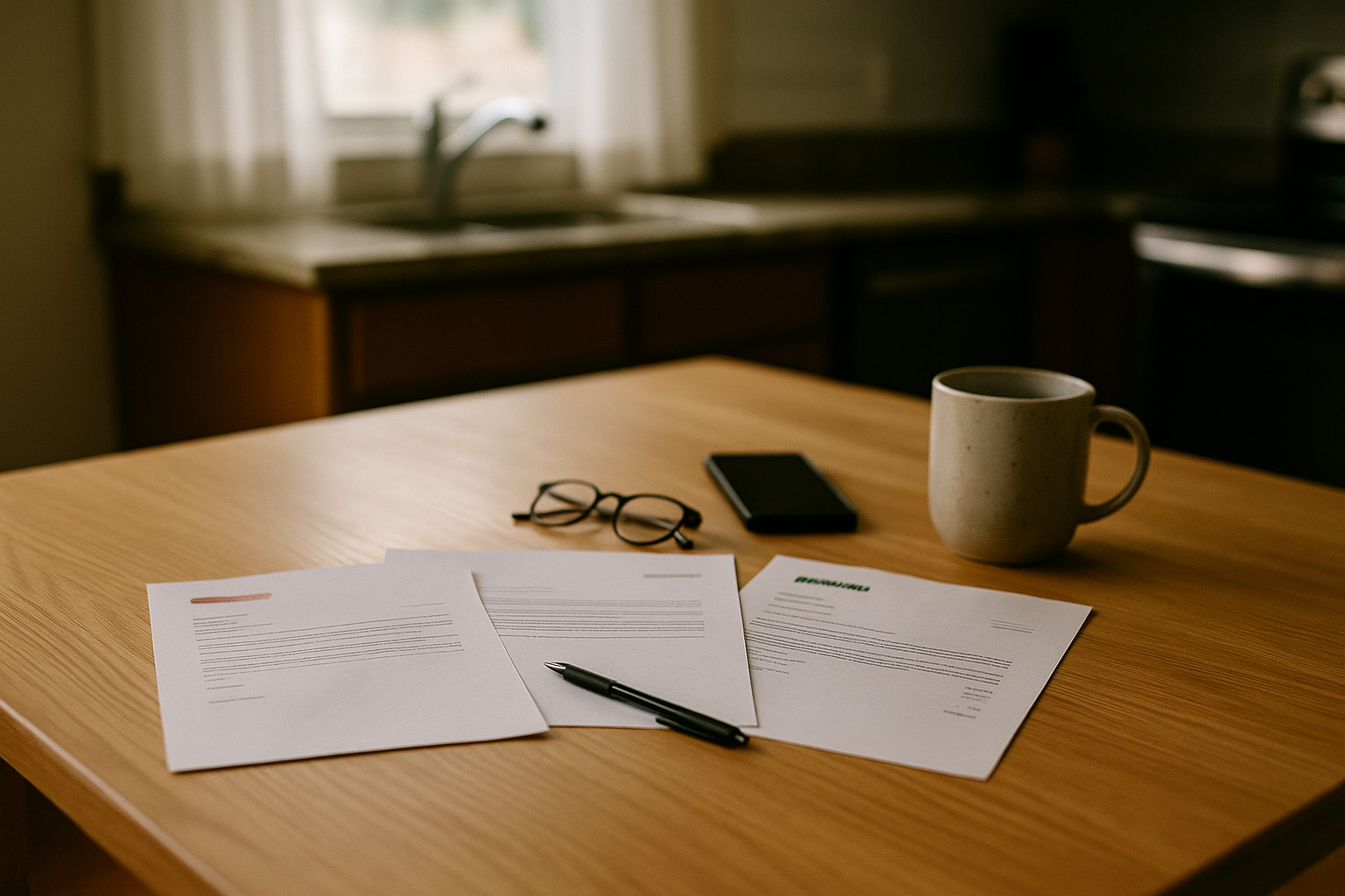 homeowners ghost contractors - kitchen table with three contractor estimates spread out next to phone face-down and coffee mug