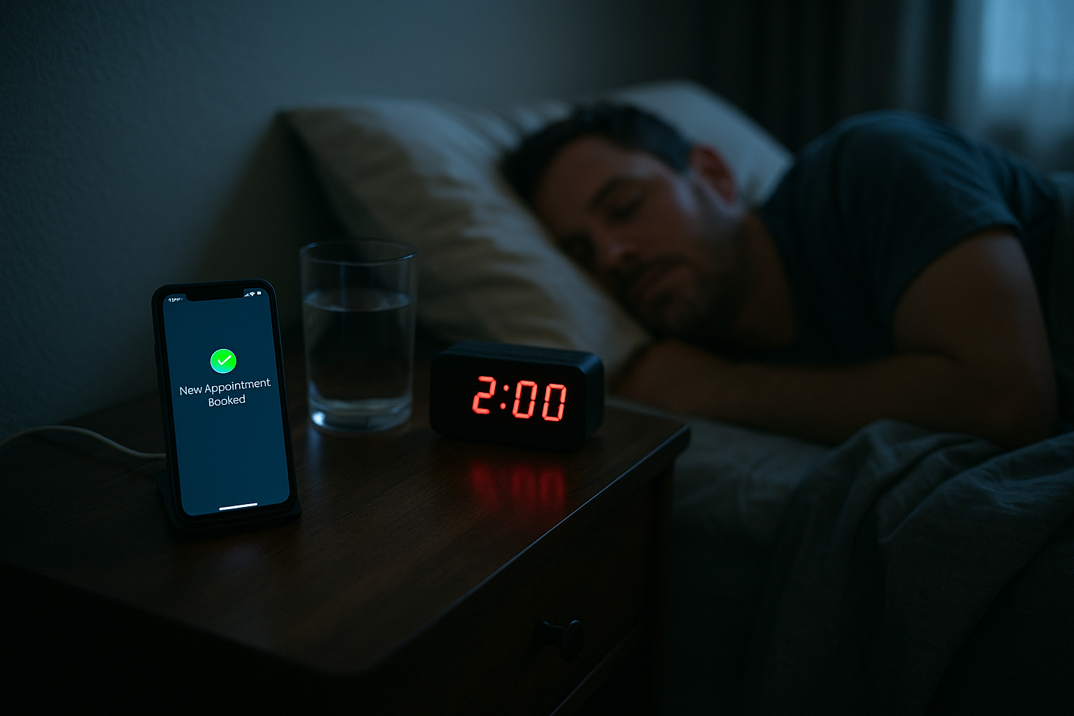 AI after-hours contractor leads - contractor nightstand with phone showing booked appointment notification at 2 AM