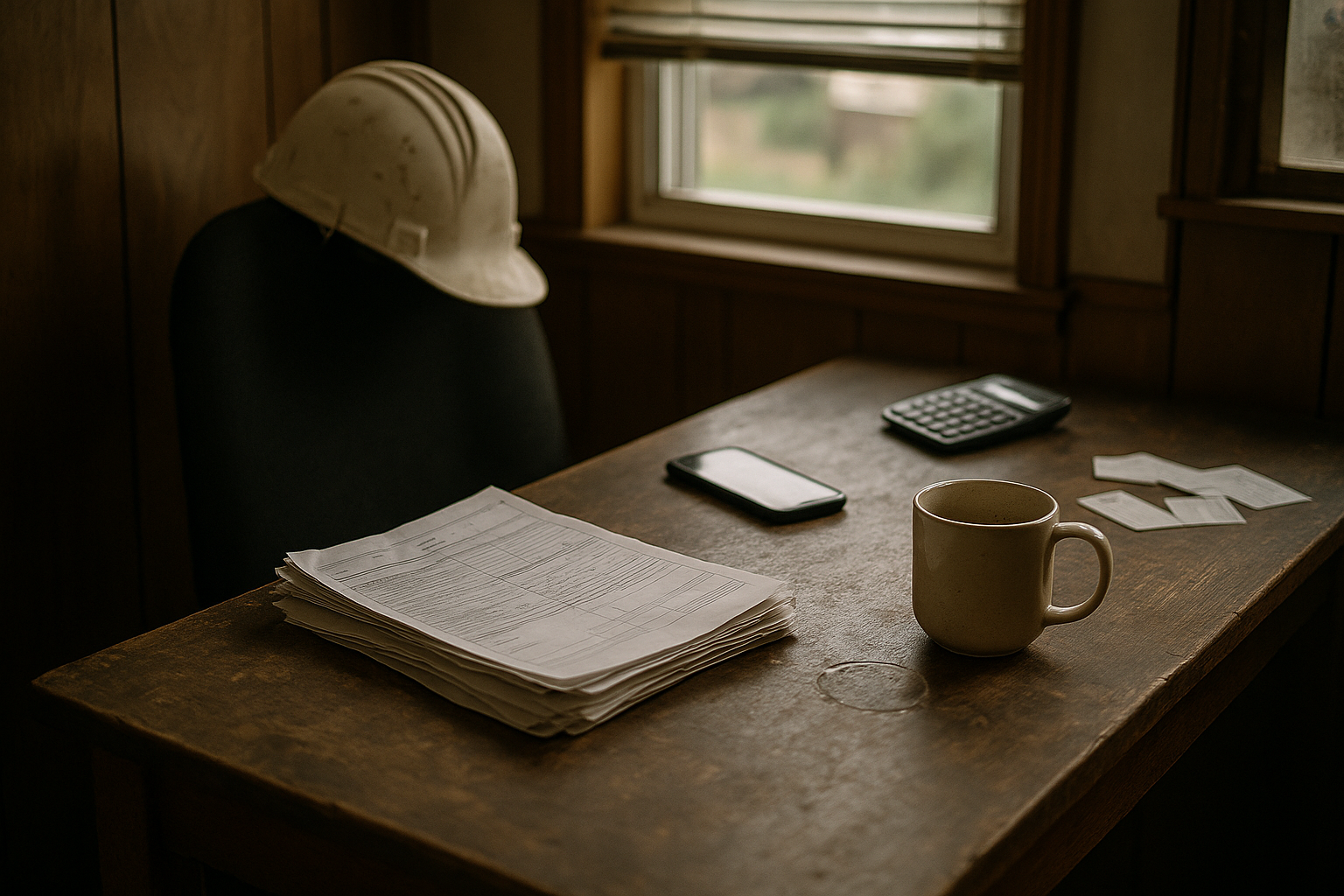 contractor estimate follow-up - stack of printed estimates on a messy desk with coffee cup and phone showing unread messages