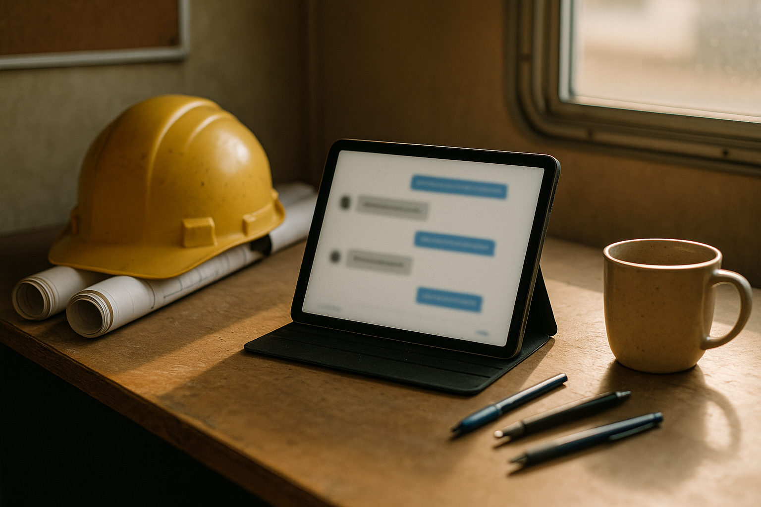 GoHighLevel AI features contractors - close-up of contractor desk with tablet showing AI chat conversation next to hard hat and blueprints