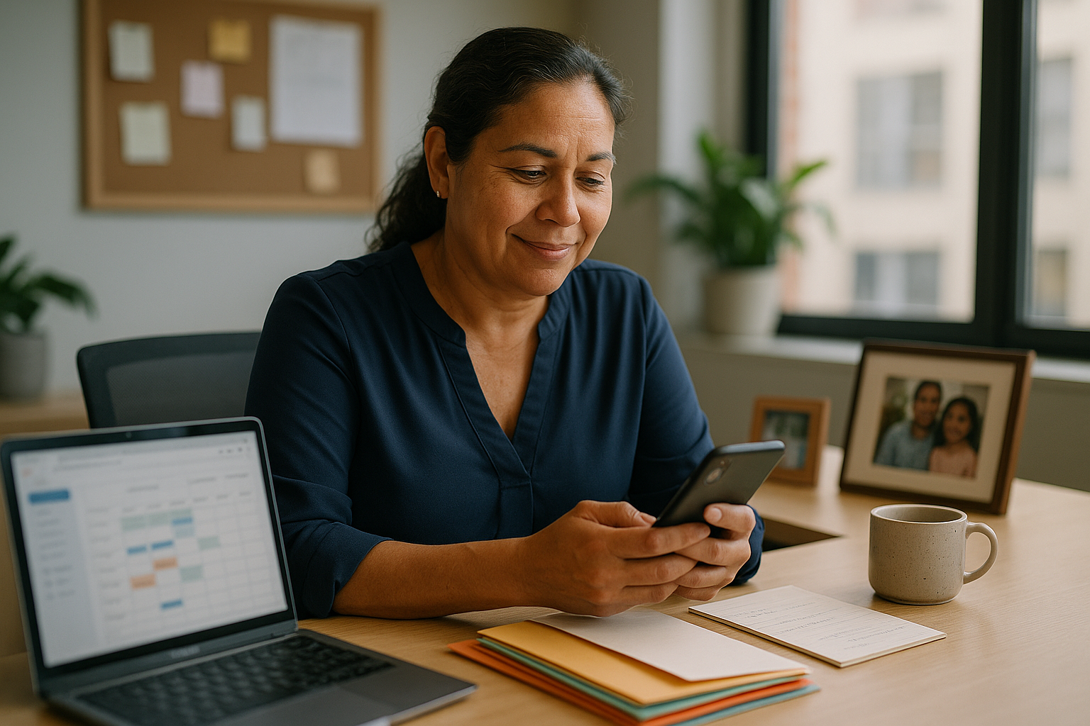 ai receptionist senior care agencies - Hispanic senior care coordinator checking phone at modern office desk with client folders and laptop