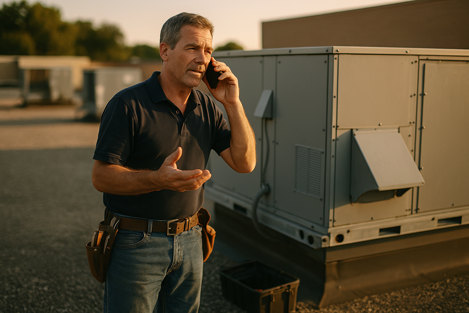 commercial HVAC emergency lead capture - HVAC technician on phone call next to commercial rooftop unit in late afternoon