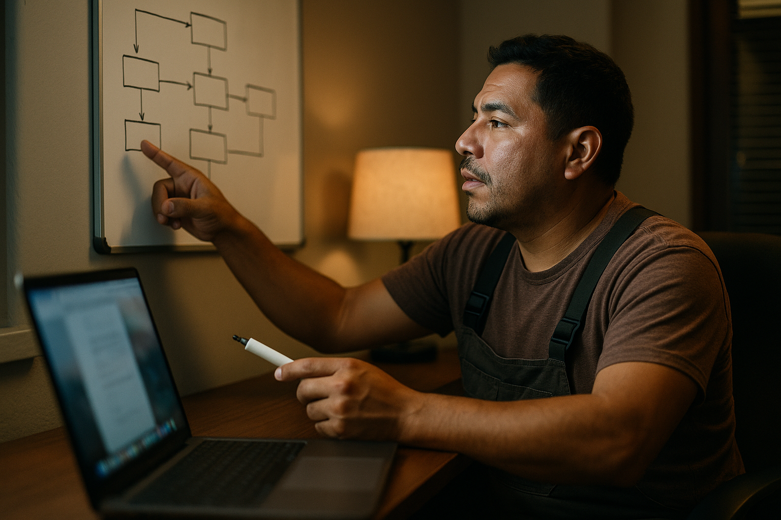 GoHighLevel automation workflows contractors - contractor drawing workflow diagram on whiteboard