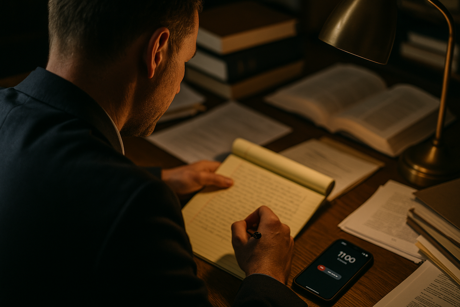 criminal defense attorney lead response - over-the-shoulder view of attorney at desk at night with missed call notification on phone