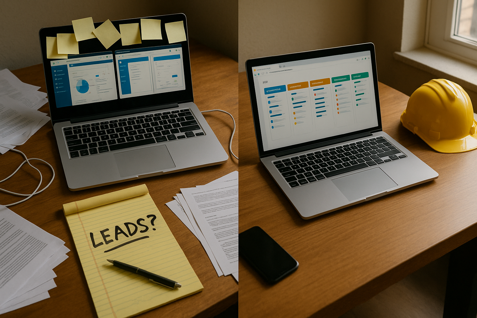 GoHighLevel vs ClickFunnels contractors - split desk showing cluttered multi-tool setup vs clean unified CRM dashboard