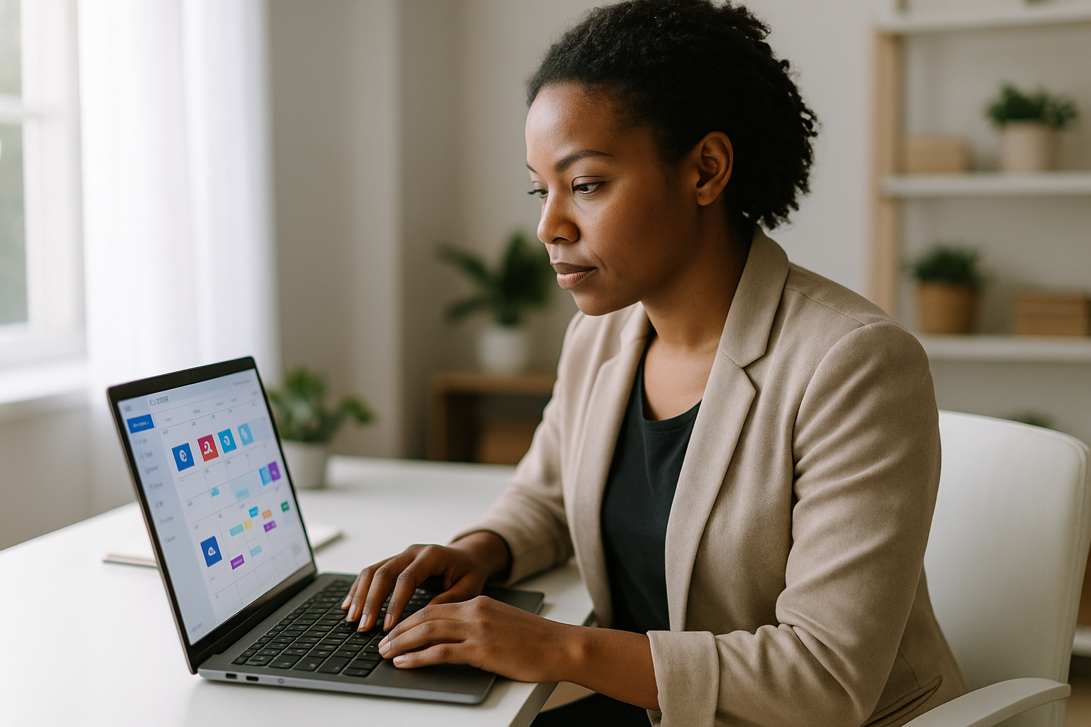 Marketing coordinator looking at social media planner on laptop