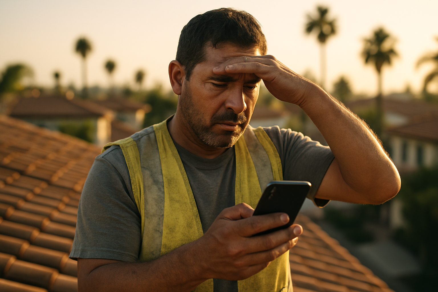san diego roofing contractor missed calls - roofer checking phone notification on rooftop at golden hour