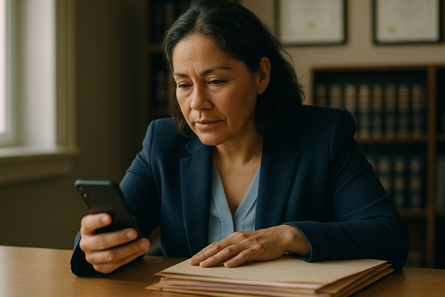 ai answering service family law firm - family law attorney reviewing new consultation booking notification on phone at desk with legal files