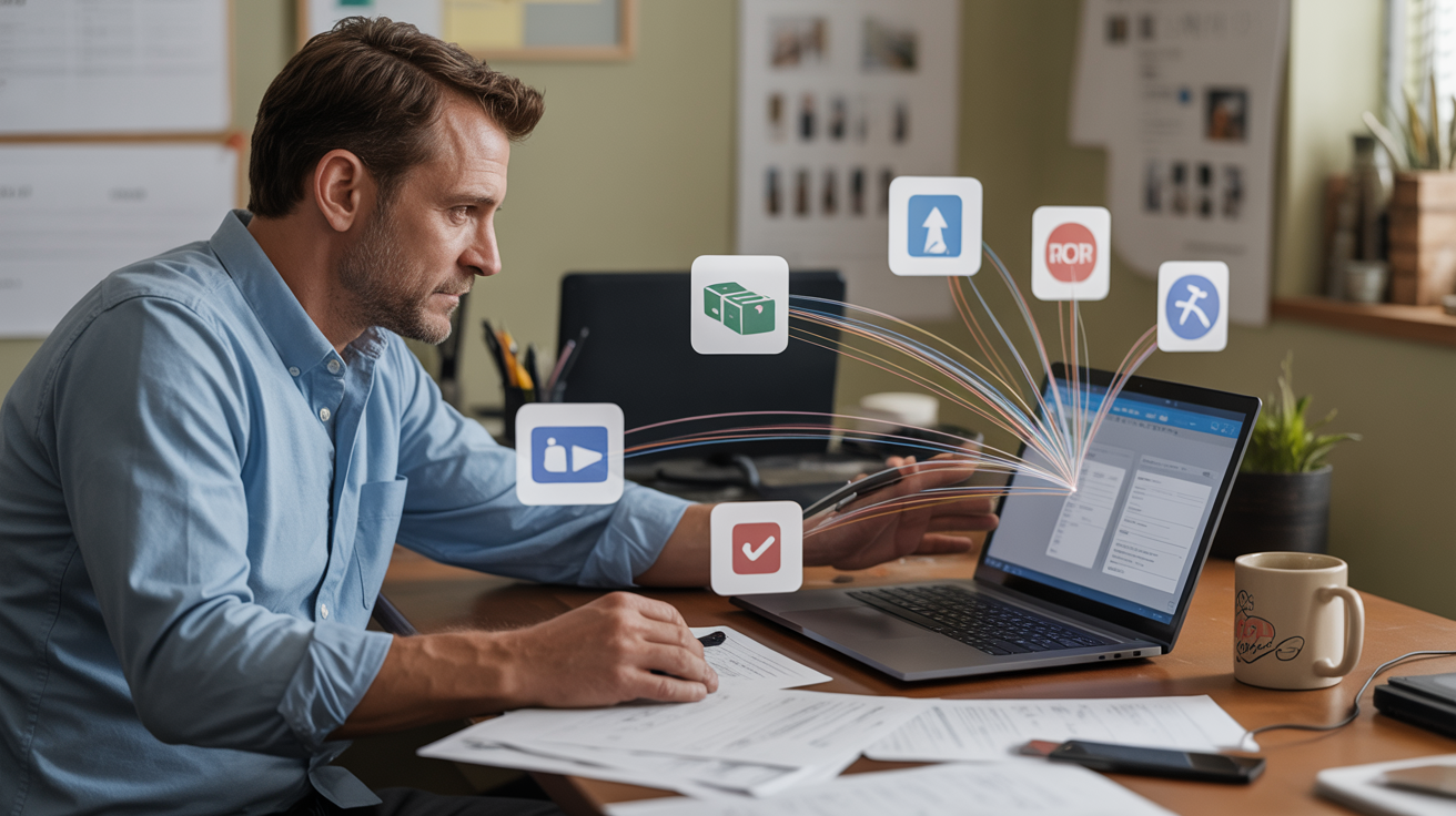 GoHighLevel integrations for contractors - contractor office desk with laptop showing connected software systems