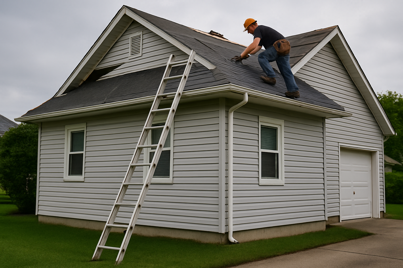 roofing companies lose revenue missed calls - roofer descending ladder on one-story stucco home