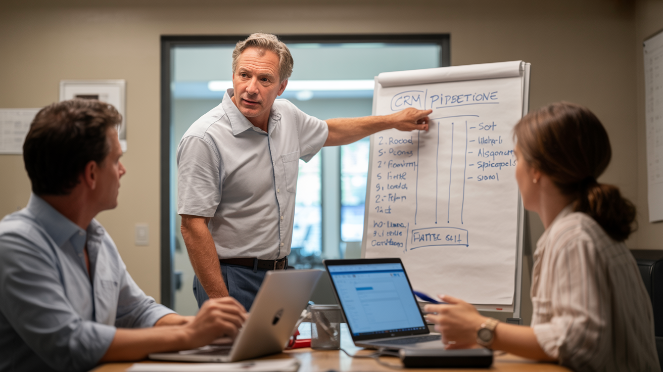 gohighlevel team management contractors - contractor business owner walking team through CRM pipeline setup in team meeting