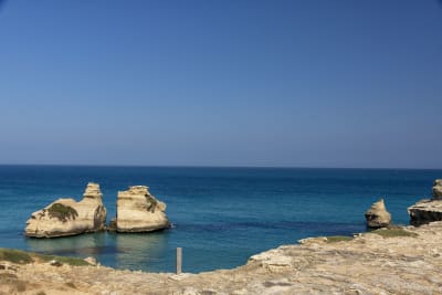 LE DUE DORELLE
LA LEGGENDA:
“Un tempo vivevano due sorelle dalle fattezze meravigliose: un giorno, lasciata la campagna si recarono al mare per cercare un pò di frescura e refrigerio alla calura estiva. Si recarono sulla scogliera della baia de Torre dell’Orso e lì soffiava un venticello odoroso di mare e di pini silvestri così intenso e ammaliante che la sorella più giovane si sentì sempre più atratta dal mare, sicchè catturata dalle tinte smaglianti e dell’invitante frescura senza esitare si lanciò nel vuoto in un atto disperato d’amore. Le grida della ragazza, che invano si dibatteva tra la schiuma, attirarono l’altra sorella che a sua volta si buttò nel vuoto nel tentativo di strapparla alla morte. Invano: in pochi istanti il mare si trovò a cullare due corpi inermi e senza vita… Le grida delle due sorelle furono udite da un pescatore che si recò sul luogo e scrutò il mare, ma nulla vide se non , per la prima volta, due alti faraglioni posti l’uno a fianco all ‘altro, del tutto identici, che sembravano abbracciarsi. Sulla via del ritorno, sconcertato e turbato il pescatore, per non aver mai notato prima quelle bellezze naturali, decise di chiamare quel luogo: le due sorelle”.