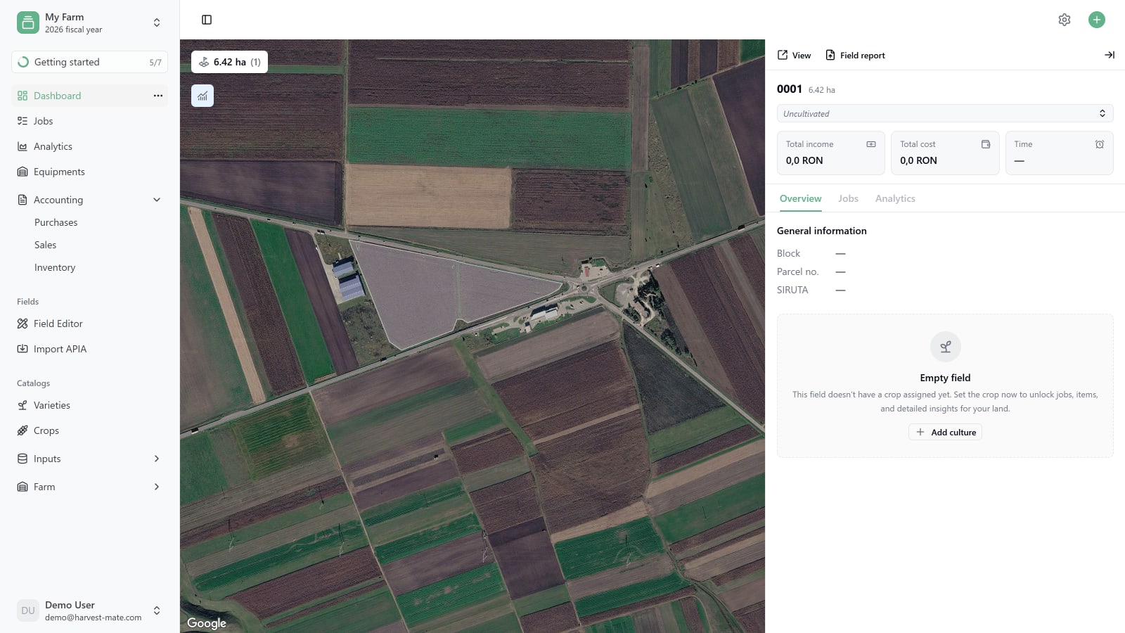 Dashboard with the field information sheet open on an empty field, showing the Add culture button