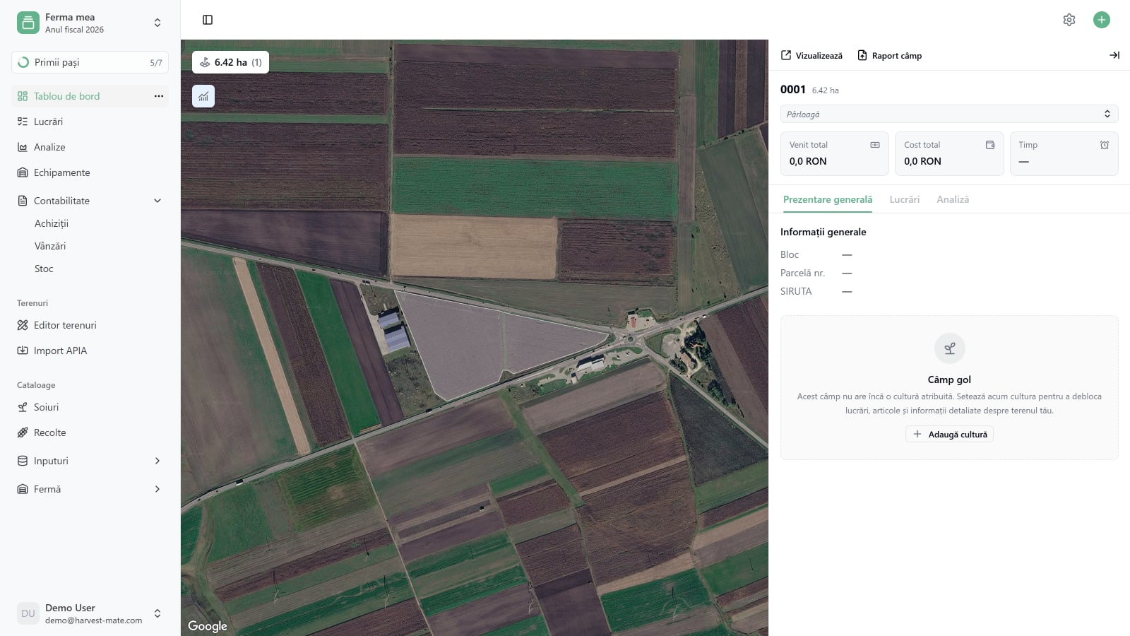 Tabloul de bord cu fișa de informații deschisă pe o parcelă goală, cu butonul Adaugă cultură