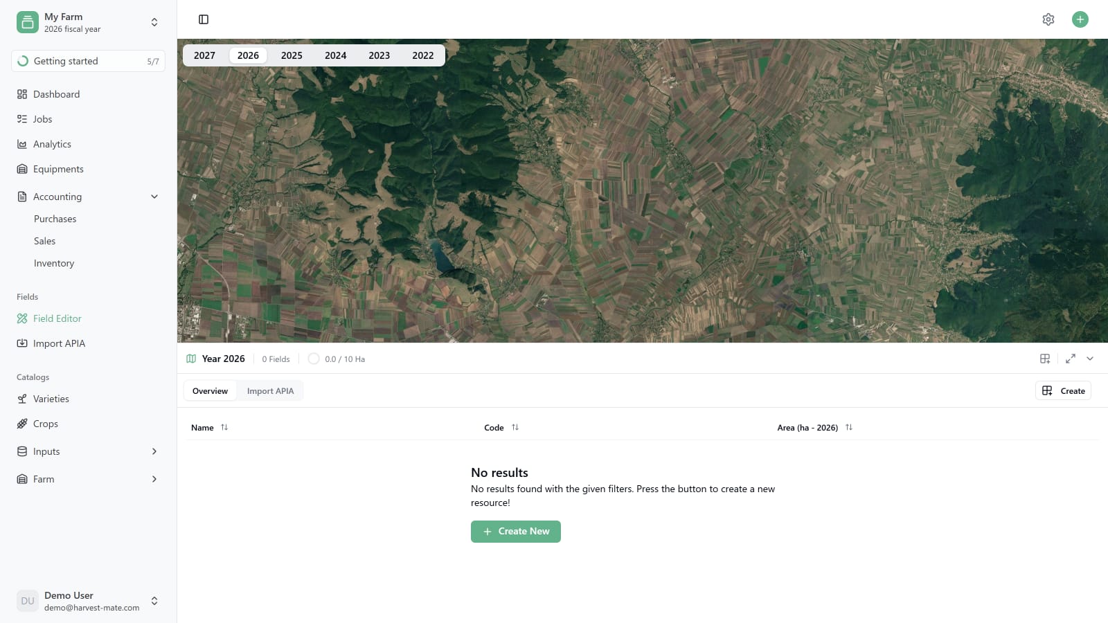 Empty field editor with the fiscal year selector at the top and the Create new button below