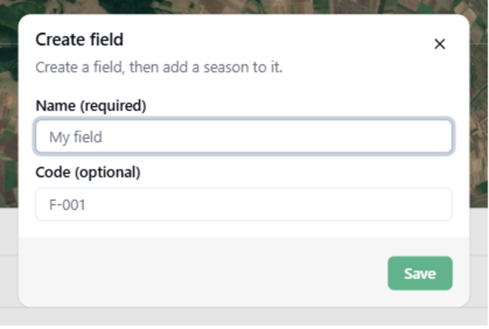 Create field dialog with the Name and optional Code inputs