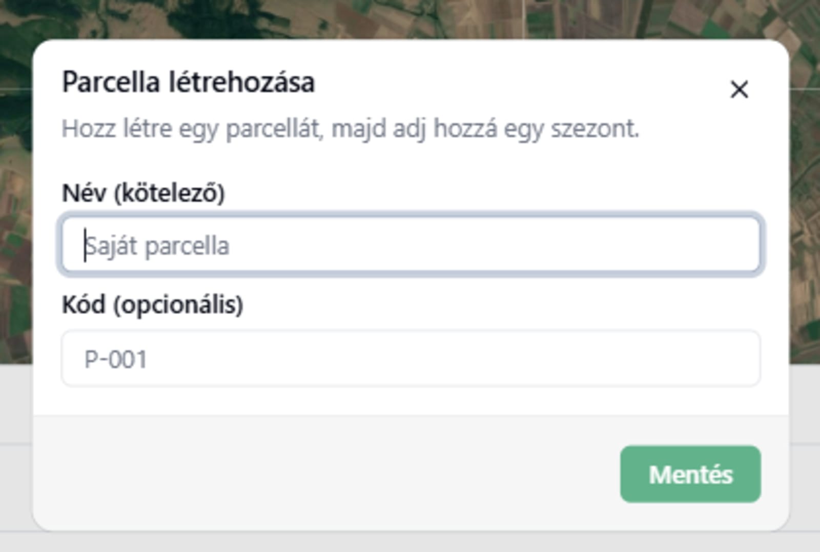 Parcella létrehozása ablak a Név és az opcionális Kód mezőkkel