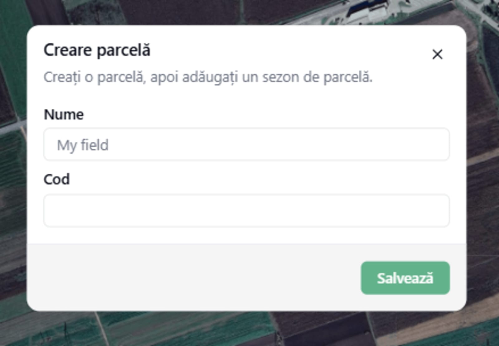 Dialogul de creare a parcelei cu câmpurile Nume și Cod opțional