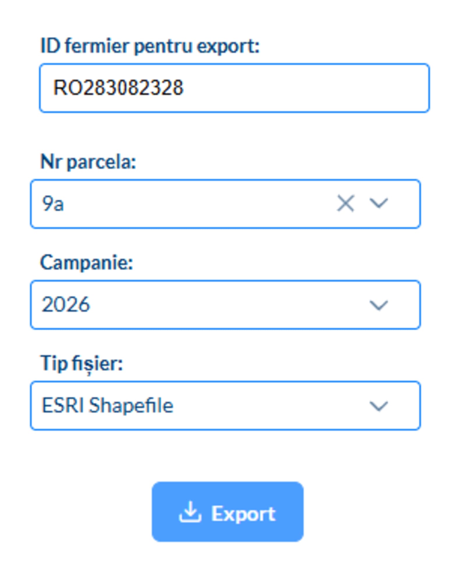 Formularul de export APIA cu parcela 9a selectată în câmpul NR parcela, campania 2026 și tipul de fișier ESRI Shapefile