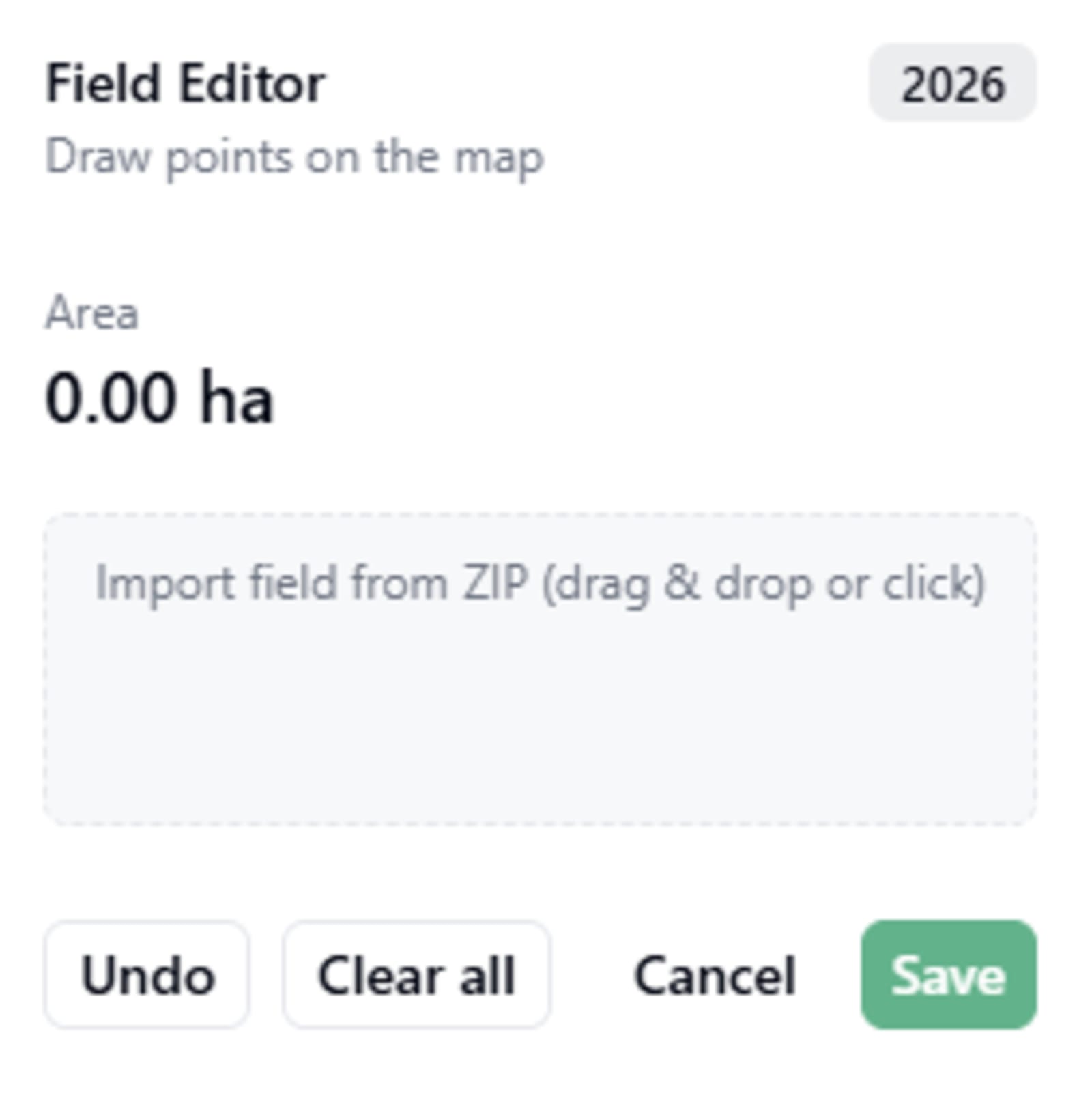 Field editor panel with the Import field from ZIP drop zone above the Undo, Clear all, Cancel and Save buttons