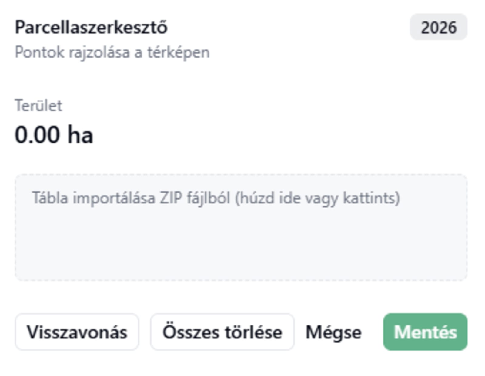 A parcellaszerkesztő panelje a Tábla importálása ZIP fájlból feltöltési területtel a Visszavonás, Összes törlése, Mégse és Mentés gombok fölött