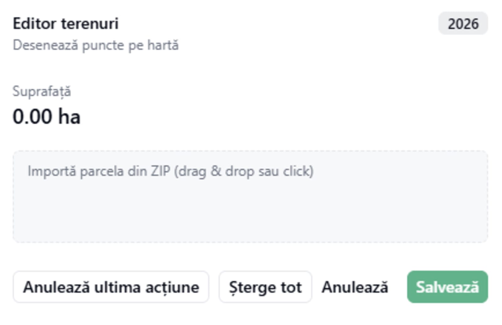 Panoul editorului de parcele cu zona Importă parcela din ZIP deasupra butoanelor Anulează ultima acțiune, Șterge tot, Anulează și Salvează