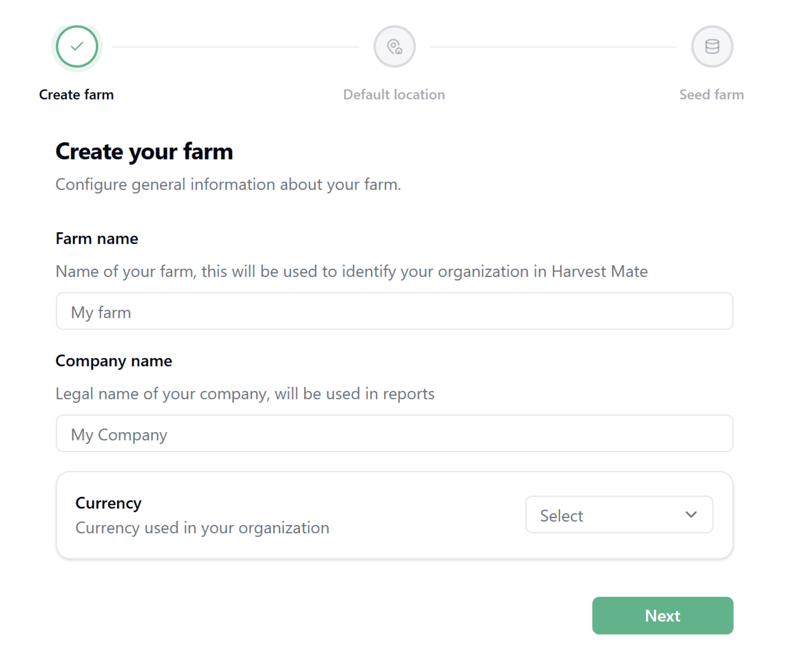 Farm creation form showing farm name, company name and currency fields
