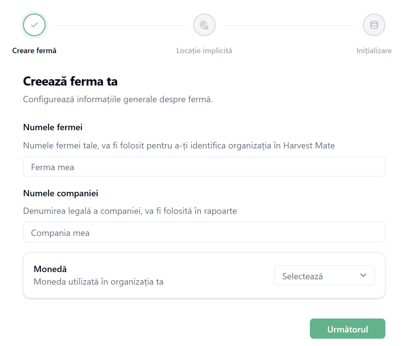 Farm creation form showing farm name, company name and currency fields
