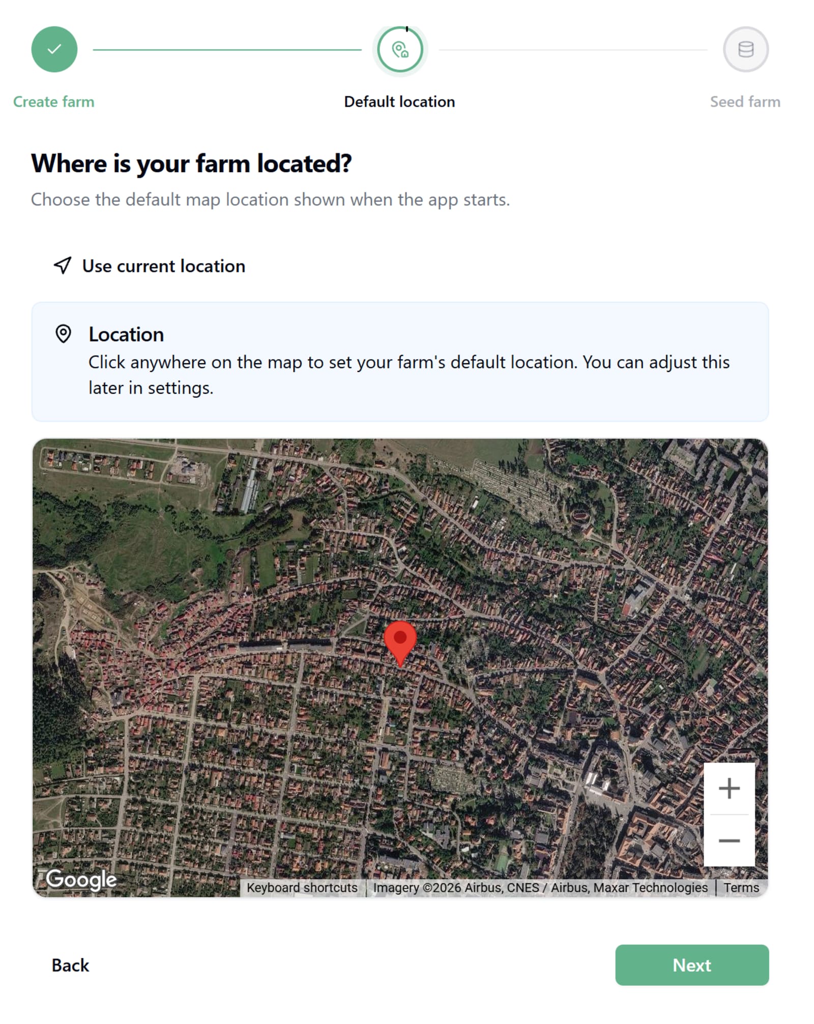 Map screen for choosing the default farm location