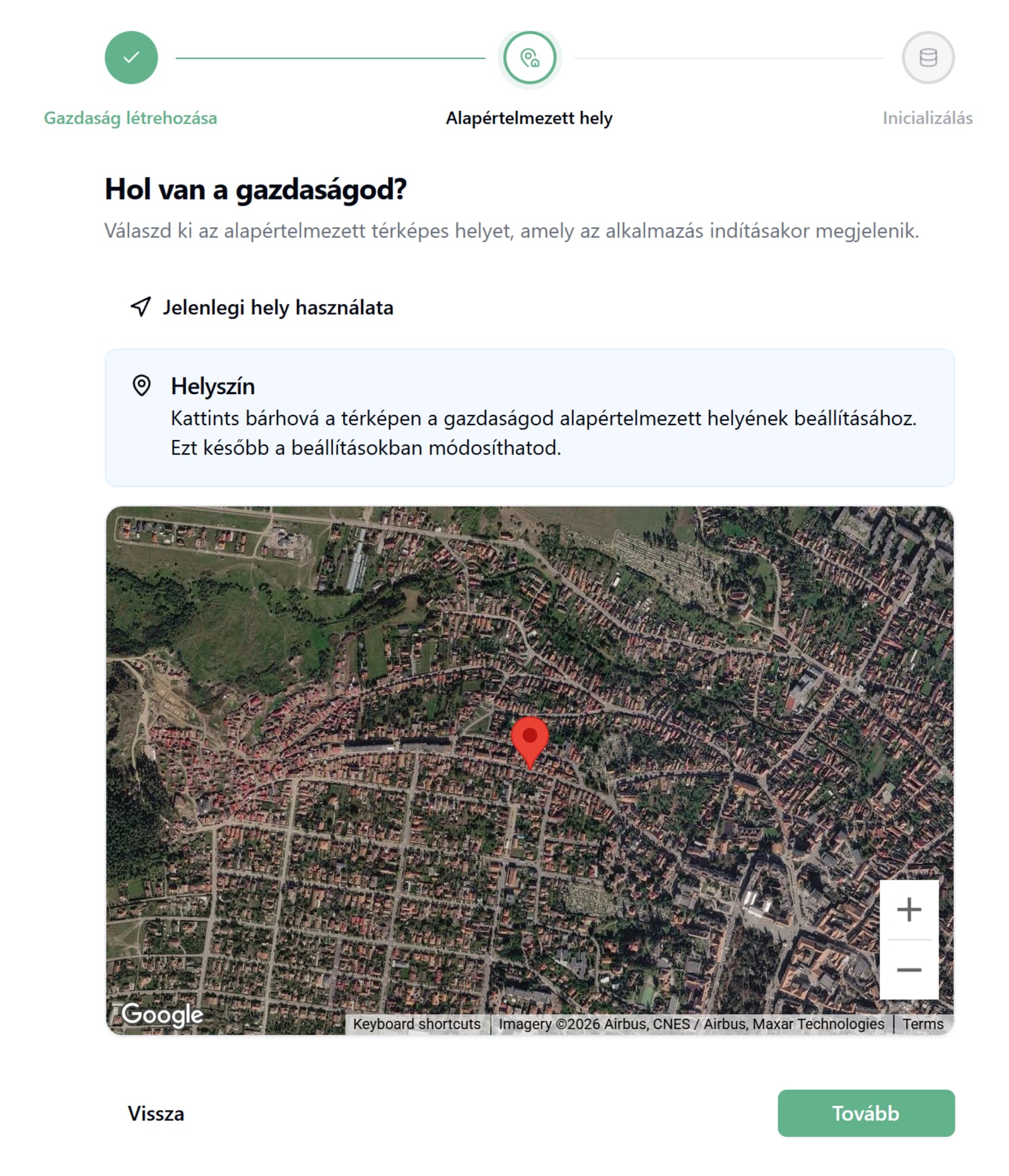 Az alapértelmezett gazdaság-helyszín kiválasztásának képernyője