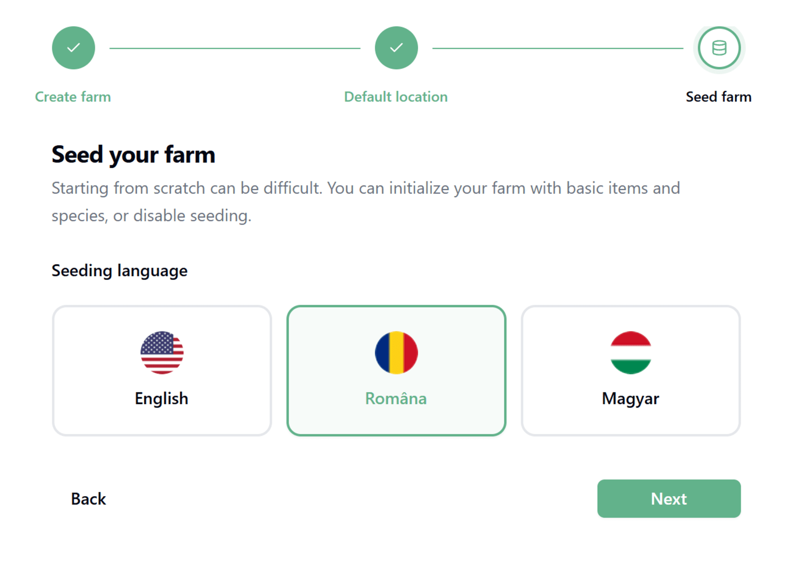 Language selection screen for pre-populated farm data