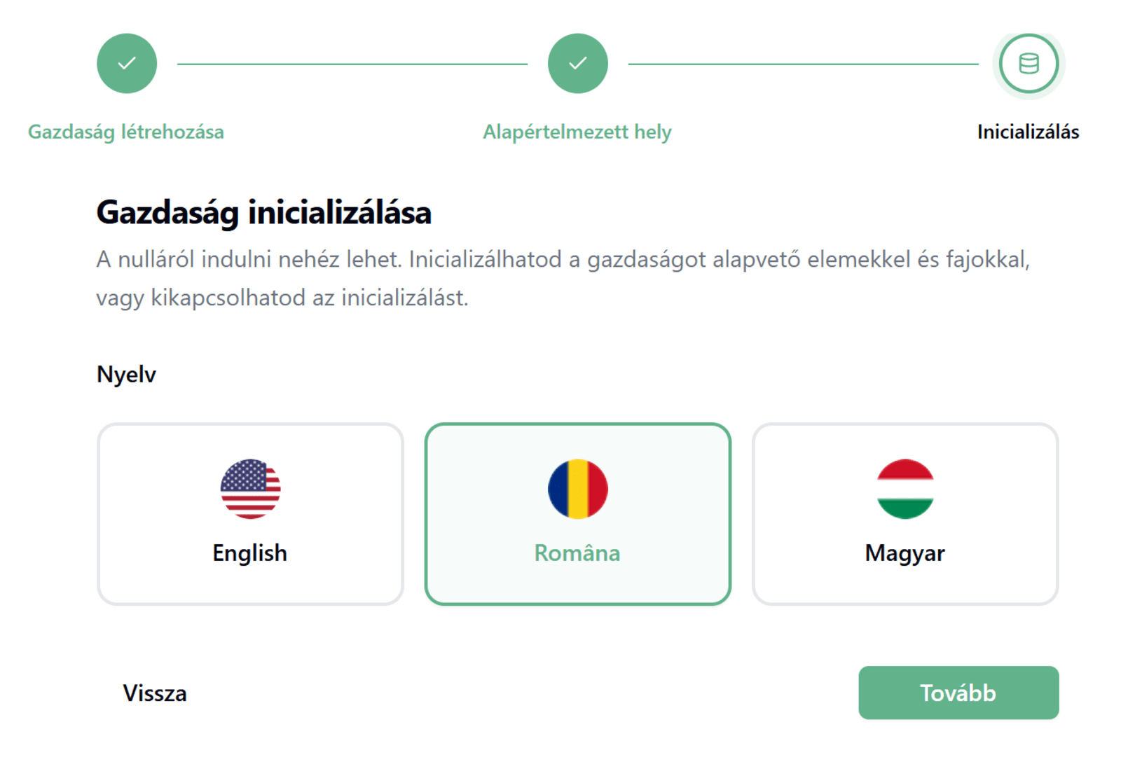 A gazdaság alapadatainak nyelv-kiválasztási képernyője