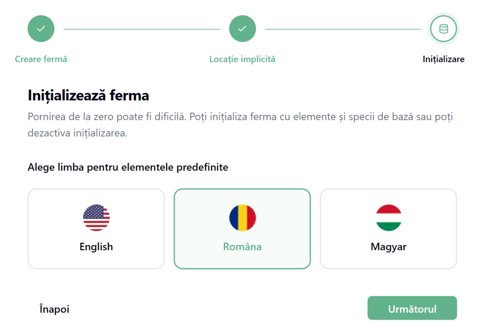 Language selection screen for pre-populated farm data