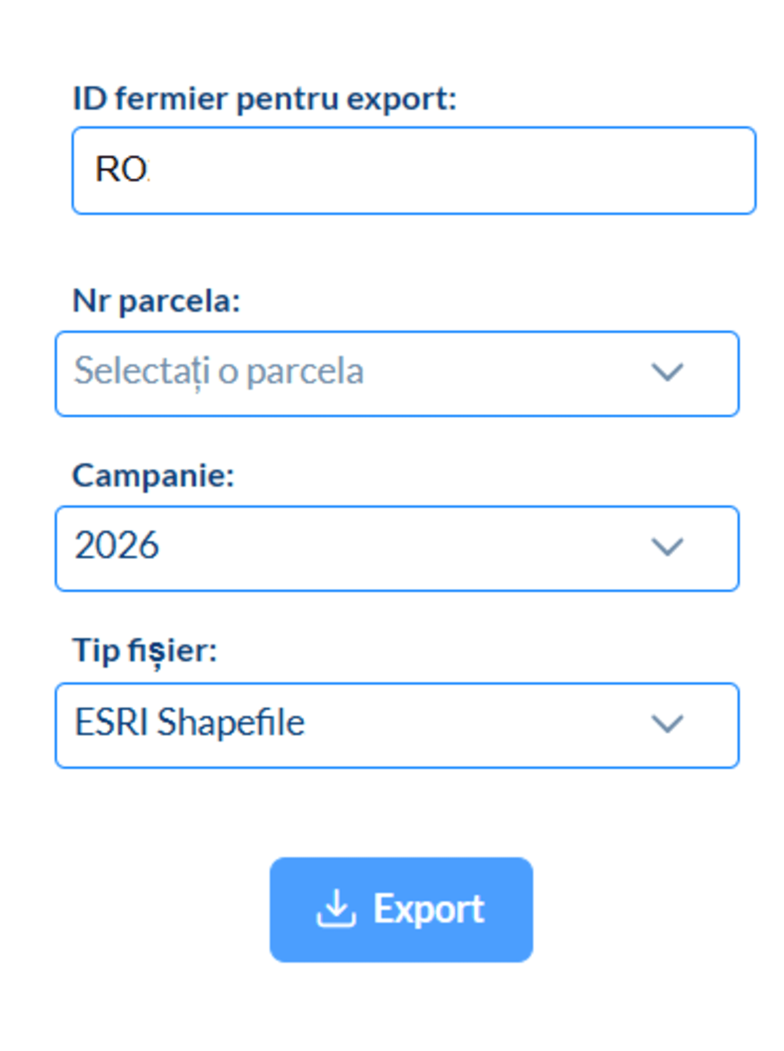 APIA export form with fiscal year, ESRI Shapefile format, and NR parcela left unchecked