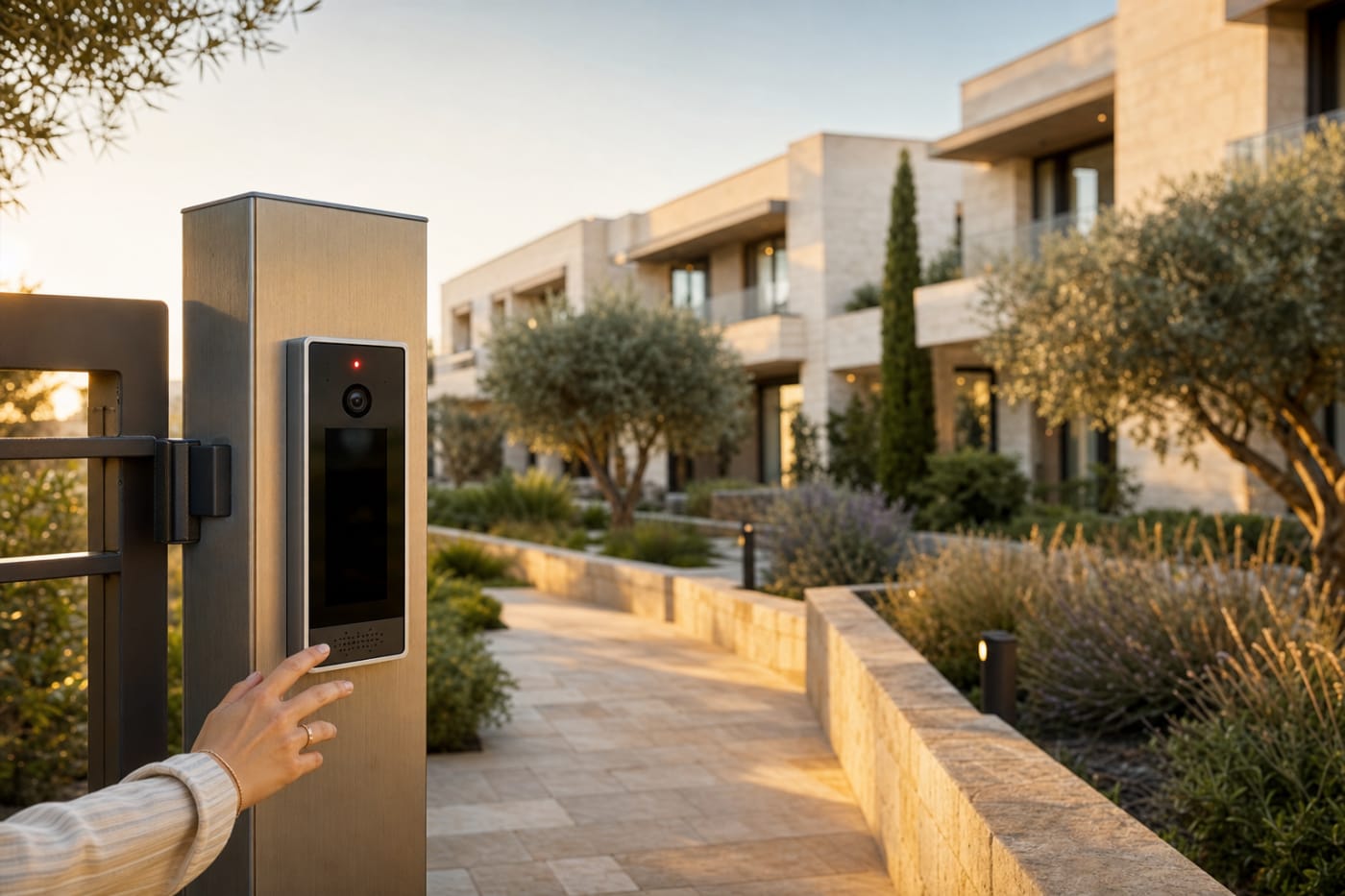 פאנל אינטרקום BAS-IP בכניסה לדירה אופקית מודרנית בקומפלקס מגורים נמוך עם חצר ירוקה