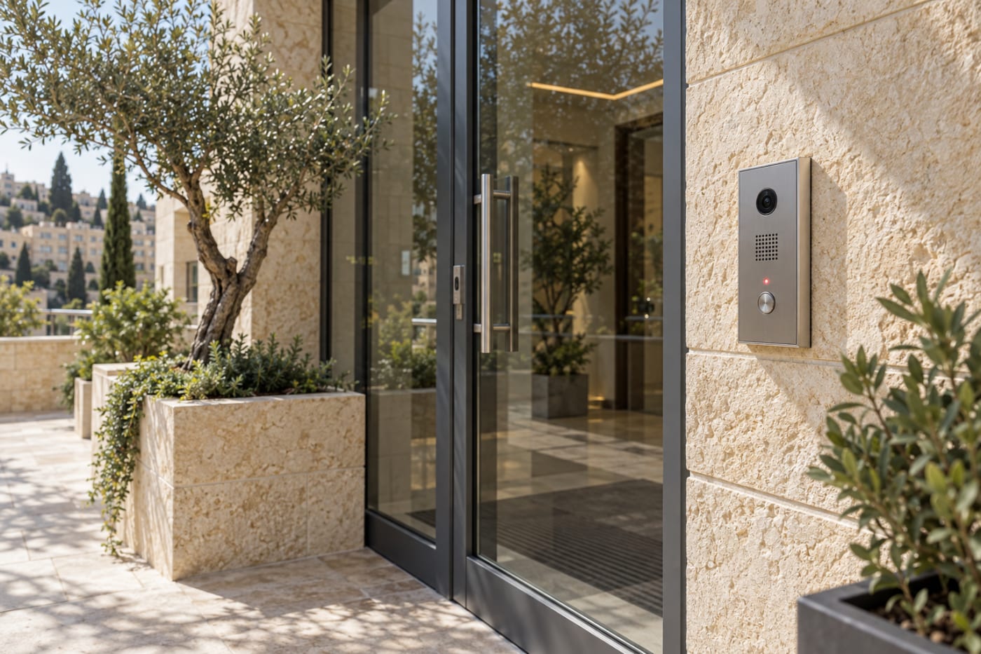 פאנל אינטרקום מתכתי ליד דלת זכוכית בכניסה לבניין משותף עם חיפוי אבן ירושלמית